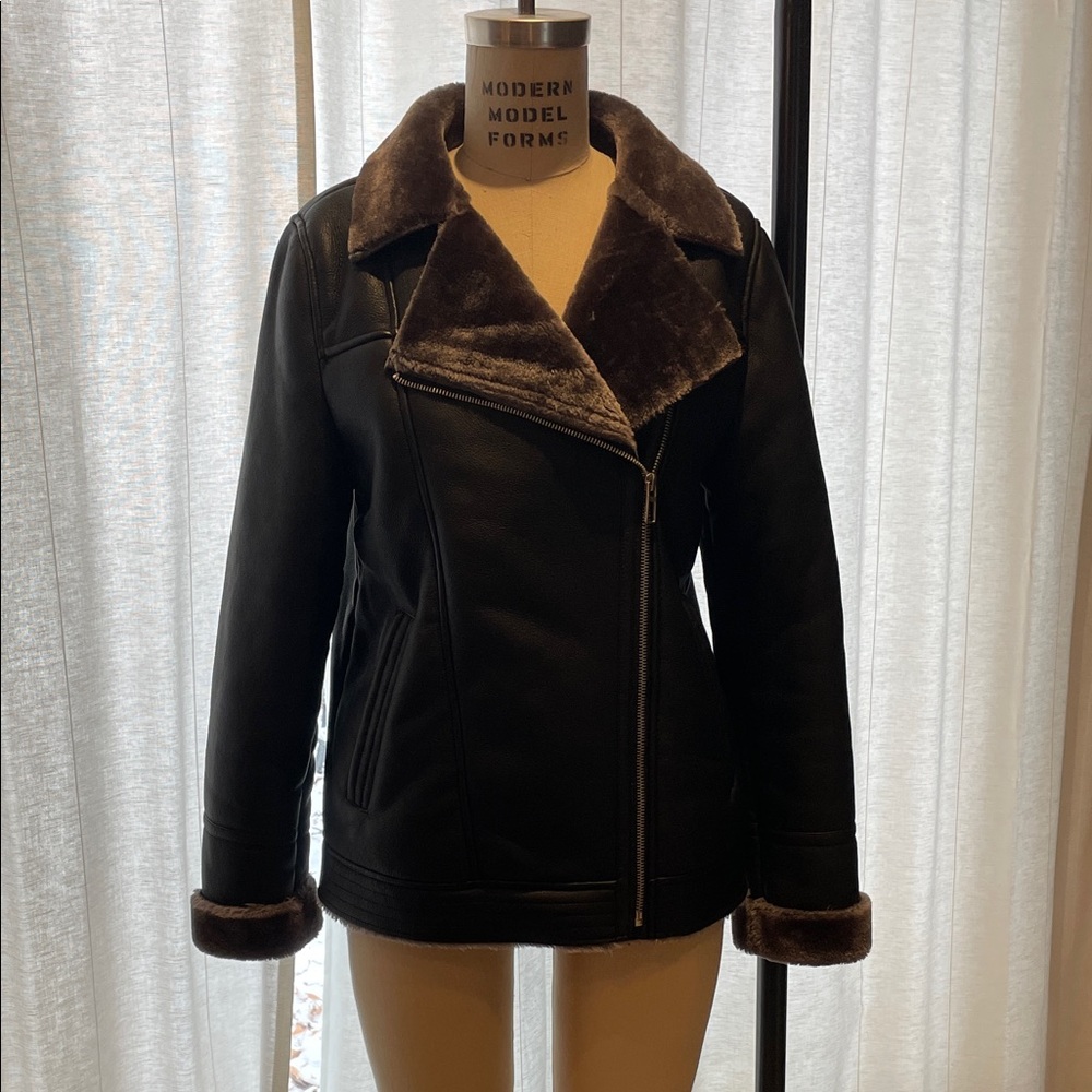 Zara Black Leather Jacket with Brown Faux Fur Trim